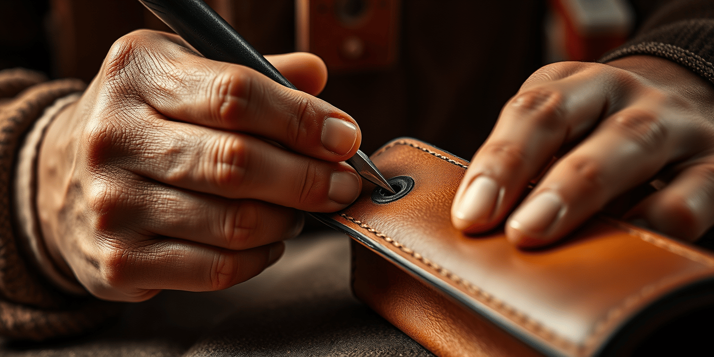 Close-up of craftsperson working with leather